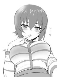 Rule 34 | 10s, 1girl, artist name, bad id, bad twitter id, blush, breasts, casual, commentary, finger to mouth, girls und panzer, greyscale, half-closed eyes, heart, large breasts, lips, long sleeves, looking at viewer, monochrome, naughty face, nishizumi maho, saikawa yusa, shirt, short hair, shushing, signature, skirt, solo, standing, striped clothes, striped shirt, upper body