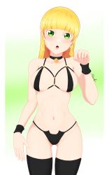 Rule 34 | absurdres, artist name, bell, blonde hair, breasts, collar, full body, green eyes, heanna sumire, highres, im-masterx, lingerie, long hair, looking at viewer, love live!, love live! superstar!!, open mouth, simple background, thighhighs, underwear