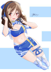 Rule 34 | 1girl, absurdres, ayuman, bandeau, black gloves, blue bandeau, blue bow, blue skirt, boots, bow, breasts, brown hair, commentary request, commission, cosplay, drill hair, gloves, gotland (kancolle), gotland (kancolle) (cosplay), hair bow, half gloves, harukaze (kancolle), highres, kantai collection, knee boots, medium breasts, midriff, miniskirt, navel, panties, perspective, race queen, red eyes, short sleeves, shrug (clothing), signature, skirt, solo, twin drills, two-tone background, underwear, white background, white footwear, white panties