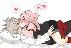 Rule 34 | 2boys, ahoge, alternate hair length, alternate hairstyle, astolfo (fate), black bow, black pants, black shorts, black vest, blush, bow, braid, closed eyes, couple, dress shirt, fate/apocrypha, fate (series), grey hair, hair between eyes, hair bow, hair intakes, hand on another&#039;s face, hand on another&#039;s head, haoro, head on pillow, heart, kiss, kneehighs, light blush, long braid, long hair, lying on person, male focus, multicolored hair, multiple boys, on bed, pants, pink hair, pink shirt, red eyes, red socks, shirt, short hair, short shorts, shorts, sieg (fate), signature, simple background, single braid, socks, solo, spoken heart, streaked hair, sweat, thighhighs, trap, two-tone hair, vest, white background, white hair, white shirt, yaoi