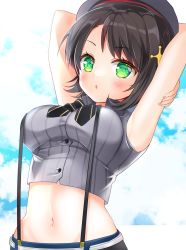 Rule 34 | 1girl, arm behind head, arms up, beret, black bow, black hair, blue sky, blush, bow, breasts, cloud, cloudy sky, crop top, green eyes, grey hat, grey shirt, hat, highres, hololive, looking at viewer, medium breasts, midriff, navel, oozora subaru, oozora subaru (work), parted bangs, parted lips, shikito (yawa0w0), shirt, short hair, short sleeves, sky, solo, striped clothes, striped shirt, suspenders, upper body, vertical-striped clothes, vertical-striped shirt, virtual youtuber