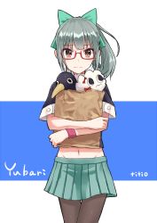 Rule 34 | 10s, 1girl, artist name, azu (azusayumix), bag, black pantyhose, blunt bangs, blush, bow, brown eyes, character name, commentary request, crop top, failure penguin, glasses, glasses day, green skirt, grey hair, hair bow, kantai collection, looking at viewer, midriff, miss cloud, navel, neckerchief, pantyhose, paper bag, pleated skirt, ponytail, sailor collar, school uniform, serafuku, skirt, solo, wavy mouth, yuubari (kancolle)