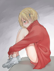 Rule 34 | 1girl, blonde hair, blush, brown eyes, closed mouth, from side, full body, haikyuu!!, half-closed eyes, hugging own legs, knees up, legs together, namo, no socks, one side up, shoes, sidelocks, sitting, sleeves past wrists, sneakers, solo, thighs, yachi hitoka