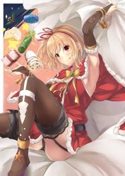 Rule 34 | 1girl, arm up, arm warmers, armpits, ass, bell, black panties, black thighhighs, blonde hair, bracelet, cake, cape, christmas, cookie, earrings, food, garter straps, gift, hair ribbon, highres, jewelry, licking lips, moltena (sennen sensou aigis), panda inu, panties, pantyshot, red cape, red eyes, red ribbon, ribbon, sack, sennen sensou aigis, sitting, solo, star (symbol), stud earrings, thighhighs, tongue, tongue out, underwear