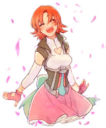 Rule 34 | 1girl, breasts, commentary request, cowboy shot, closed eyes, fingerless gloves, gloves, medium breasts, nora valkyrie, open mouth, orange hair, rwby, short hair, simple background, skirt, solo, sora (efr), standing, teeth, white background
