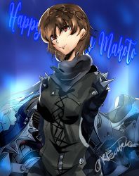 Rule 34 | 1girl, arched back, armor, artist name, artist request, biker clothes, bikesuit, black neckwear, black scarf, blue background, blush, bodysuit, braid, braided hairband, breasts, brown hair, corset, covered navel, cross-laced clothes, crown braid, female focus, french braid, gloves, highres, joanna (persona 5), long sleeves, looking at viewer, medium breasts, motor vehicle, motorcycle, niijima makoto, parted lips, persona, persona 5, persona 5 the royal, red eyes, scarf, short hair, shoulder pads, shoulder spikes, skin tight, smile, solo, sparkle, spikes, white gloves