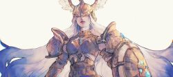 Rule 34 | 1girl, armor, blue hair, breastplate, commentary, covered eyes, dadadadadaist, facing viewer, final fantasy, final fantasy xiv, gauntlets, halone (ff14), helmet, long hair, multicolored hair, pauldrons, shield, shoulder armor, simple background, solo, symbol-only commentary, two-tone hair, upper body, very long hair, white background, white hair, winged helmet