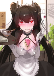 Rule 34 | 1girl, alternate costume, apron, blush, breasts, cafe, cake, cherry, cowboy shot, elbow gloves, enmaided, fang, fang out, food, food on face, frilled apron, frills, fruit, girls&#039; frontline, gloves, hair bun, hands up, highres, holding, holding tray, indoors, long hair, maid, maid headdress, medium breasts, ouroboros (granblue fantasy), sangvis ferri, sidelocks, single side bun, solo, spill, teapot, tears, tray, twintails, white gloves, yueqin (monnpiano)
