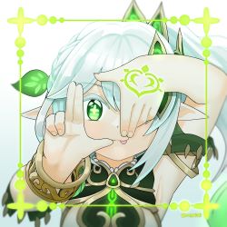 Rule 34 | 1girl, ;p, absurdres, armpits, bracelet, commentary request, detached sleeves, finger frame, framed image, genshin impact, gradient hair, green eyes, hair between eyes, hair ornament, highres, jewelry, kodineun haengbokhada, long hair, looking at viewer, multicolored hair, nahida (genshin impact), one eye closed, short sleeves, side ponytail, sidelocks, solo, symbol-shaped pupils, tongue, tongue out, white background, white hair