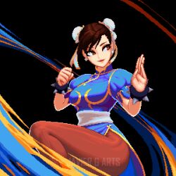 1girl absurdres black_background black_pantyhose blue_dress bracelet brown_eyes brown_hair bun_cover capcom china_dress chinese_clothes chun-li commentary double_bun dress fighting_stance hair_bun highres javier_guerrero_diaz jewelry looking_to_the_side pantyhose pixel_art puffy_short_sleeves puffy_sleeves sash short_sleeves side_slit solo spiked_bracelet spikes standing street_fighter thighs white_sash