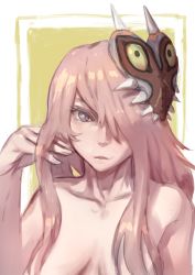 Rule 34 | 1girl, absurdres, breasts, collarbone, commentary request, grey eyes, hair censor, hair over one eye, hand in own hair, hand up, hata no kokoro, highres, long hair, looking at viewer, mask, mask on head, nintendo, nude, one-hour drawing challenge, parted lips, pink hair, senmura, sidelocks, small breasts, solo, the legend of zelda, the legend of zelda: majora&#039;s mask, touhou, upper body, white background
