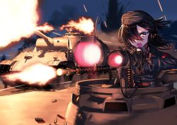 Rule 34 | 1girl, ammunition, black eyes, black hair, black hat, black jacket, black sky, blew andwhite, bullet casing, commentary request, cross, explosion, firing, flashlight, frown, garrison cap, hair over one eye, hat, headphones, iron cross, jacket, long hair, long sleeves, looking at viewer, military, military hat, military uniform, military vehicle, motion blur, motor vehicle, night, night sky, open mouth, original, outdoors, panther (tank), projectile trail, sky, solo focus, sparks, spotlight, tank, tank cupola, tracer ammunition, uniform, weapon, weapon request, wind