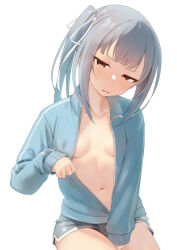 Rule 34 | 1girl, between legs, black shorts, blue jacket, blush, breasts, brown eyes, collarbone, commentary request, cowboy shot, dolphin shorts, grey hair, hair ribbon, hand between legs, highres, jacket, kantai collection, kasumi (kancolle), long hair, long sleeves, naked jacket, navel, parted lips, petite, puffy long sleeves, puffy sleeves, ribbon, sakieko, short shorts, shorts, side ponytail, simple background, small breasts, solo, wavy mouth, white background, white ribbon