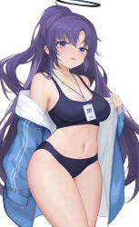 Rule 34 | 1girl, absurdres, bare shoulders, blue archive, blue buruma, blue jacket, blue sports bra, blush, breasts, buruma, cleavage, collarbone, halo, highres, jacket, large breasts, long hair, navel, official alternate costume, open clothes, open jacket, open mouth, purple eyes, purple hair, shirt, solo, sports bra, track jacket, white background, yuuichi yuiko, yuuka (blue archive), yuuka (track) (blue archive)