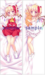 Rule 34 | 1girl, ascot, asymmetrical hair, asymmetrical wings, bad id, bad pixiv id, bed sheet, blonde hair, bloomers, dakimakura (medium), dress, flandre scarlet, gradient background, hair between eyes, hand on own chest, hat, light smile, looking at viewer, lying, mob cap, multiple views, hugging object, on back, on side, puffy short sleeves, puffy sleeves, red dress, red eyes, rika-tan (rikatantan), shirt, short sleeves, side ponytail, sleeveless, sleeveless shirt, stuffed animal, stuffed toy, teddy bear, thighs, touhou, underwear, white shirt, wings
