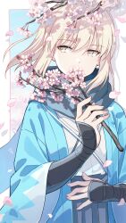 Rule 34 | 1girl, armor, black scarf, blonde hair, blue sky, blurry, blurry background, border, branch, cherry blossoms, covered mouth, fate/grand order, fate (series), floating hair, flower, flower over mouth, grey eyes, hakama, half-closed eyes, hand on own stomach, hand up, haori, highres, holding, holding branch, japanese armor, japanese clothes, kimono, kote, kurokote, looking away, looking to the side, nonono (nononotea), okita souji (fate), okita souji (koha-ace), outside border, ponytail, scarf, shadow, shinsengumi, short hair, shoulder strap, sideways glance, sky, solo, upper body, white border, white kimono