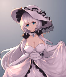 Rule 34 | 1girl, absurdres, anchor symbol, azur lane, bare shoulders, blue eyes, breasts, cleavage, dress, elbow gloves, erdongjinming, gloves, hair ribbon, hat, highres, illustrious (azur lane), lace-trimmed headwear, lace trim, large breasts, long hair, looking at viewer, ribbon, simple background, skirt hold, sleeveless, sleeveless dress, solo, strapless, strapless dress, sun hat, tress ribbon, very long hair, white dress, white gloves, white hair, white hat