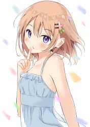 Rule 34 | 1girl, bare arms, bare shoulders, blue dress, blurry, blurry foreground, breasts, dot nose, dress, finger to mouth, flower, from side, gochuumon wa usagi desu ka?, hair between eyes, hair flower, hair ornament, hairclip, head tilt, highres, hoto cocoa, keito4f, looking at viewer, medium hair, orange hair, parted lips, portrait, purple eyes, shushing, sidelocks, simple background, sleeveless, sleeveless dress, small breasts, solo, spaghetti strap, square neckline, standing, sundress, tareme, white background, white dress, wind