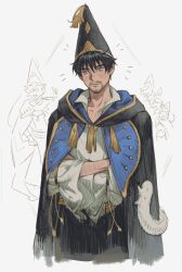 Rule 34 | 1boy, arm hair, black hair, blue eyes, brushbug, cape, closed mouth, collared shirt, crossed arms, facial hair, hat, highres, hood, hood down, long sleeves, male focus, olruggio (tongari boushi no atelier), pointy hat, shirt, short hair, sol halite, solo, tongari boushi no atelier, white background, white shirt, wizard hat