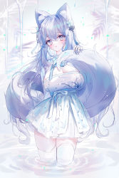 Rule 34 | 1girl, animal ear fluff, animal ears, blue flower, breasts, cleavage, commentary request, commission, dress, flower, grey eyes, grey hair, hair between eyes, hair flower, hair ornament, hand up, highres, korean clothes, large breasts, long sleeves, looking at viewer, original, parted lips, ripples, solo, standing, tail, tandohark, thighhighs, twitter username, wading, water, white dress, white thighhighs
