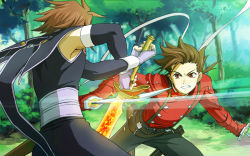Rule 34 | 00s, 2boys, angry, armpits, bad id, bad pixiv id, battle, brown hair, day, detached sleeves, fighting, fingerless gloves, gloves, holding, holding sword, holding weapon, kratos aurion, lloyd irving, male focus, multiple boys, outdoors, red eyes, red shirt, shimabara, shirt, sio vanilla, suspenders, sword, tales of (series), tales of symphonia, tree, weapon