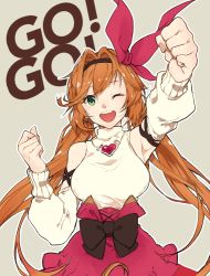 Rule 34 | 1girl, alternate costume, arm up, armpits, bare shoulders, black bow, bow, breasts, clarisse (granblue fantasy), clarisse (valentine) (granblue fantasy), detached sleeves, granblue fantasy, green eyes, hair bow, hairband, high-waist skirt, kaitara deru, long hair, low twintails, medium breasts, one eye closed, open mouth, orange hair, red bow, skirt, twintails
