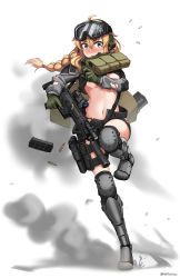 Rule 34 | 1girl, absurdres, ahoge, bike shorts, black shorts, black thighhighs, blonde hair, blush, boots, braid, breasts, broken glass, bullet, commentary request, cz 805 bren, ear protection, flying sweatdrops, full body, girls&#039; frontline, glass, gloves, goggles, goggles on head, green gloves, grey footwear, grey jacket, gun, hair intakes, highres, holding, holding gun, holding weapon, indie virtual youtuber, jacket, knee boots, knee pads, long hair, magazine (weapon), medium breasts, navel, ndtwofives, nose blush, short shorts, shorts, single braid, smoke, solo, standing, standing on one leg, thighhighs, thighhighs under boots, torn clothes, torn jacket, torn shorts, twitter username, underboob, virtual youtuber, weapon, whiskey project, white background