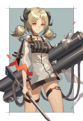 Rule 34 | 1girl, arknights, black choker, border, choker, collarbone, cowboy shot, flamethrower, grey background, high-waist skirt, highres, holding, holding weapon, horns, ifrit (arknights), lance (lancelliu), long sleeves, looking at viewer, low twintails, miniskirt, outside border, platinum blonde hair, short hair, simple background, skirt, smile, solo, standing, thigh strap, thighs, twintails, weapon, white border, white skirt, wide sleeves, yellow eyes