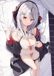 Rule 34 | 1girl, bed sheet, black coat, bow, bow earrings, bra, breasts, cleavage, coat, earrings, grey hair, hair ornament, hand up, highres, hololive, hood, hood up, hooded coat, jewelry, kinako (shiratama mochi), large breasts, long hair, looking at viewer, lying, multicolored hair, off shoulder, on back, panties, pillow, plaid, plaid bow, red eyes, red nails, sakamata chloe, solo, streaked hair, thigh strap, thighs, underwear, virtual youtuber, white bra, white panties, x hair ornament