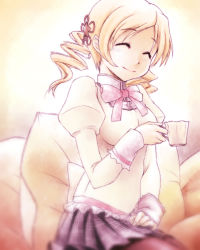 Rule 34 | 10s, 1girl, ^ ^, blonde hair, bow, closed eyes, cup, dancho (danch), drill hair, highres, mahou shoujo madoka magica, mahou shoujo madoka magica (anime), pantyhose, school uniform, skirt, smile, solo, teacup, tomoe mami, twin drills, twintails