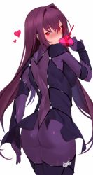 Rule 34 | 1girl, armor, ass, back, blush, bodysuit, breasts, fate/grand order, fate (series), gae bolg (fate), hair between eyes, hair intakes, highres, kameponde, large breasts, long hair, looking at viewer, looking back, pauldrons, purple bodysuit, purple hair, red eyes, scathach (fate), shoulder armor, simple background, solo, thighs, white background