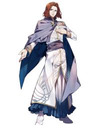 Rule 34 | 1boy, 88 taho, blue cape, blue eyes, cape, collar, fire emblem, fire emblem: thracia 776, fire emblem heroes, full body, hand on own chest, highres, long sleeves, male focus, nintendo, official art, open hand, parted lips, red hair, robe, saias (fire emblem), short hair, solo, standing, teeth, transparent background, white footwear, white robe