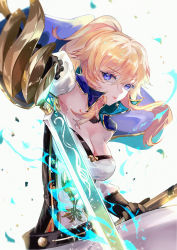 Rule 34 | 1girl, bare shoulders, blonde hair, blue capelet, blue eyes, breasts, capelet, cleavage, closed mouth, colored eyelashes, cross, cross earrings, earrings, gauntlets, genshin impact, hair between eyes, highres, holding, holding sword, holding weapon, jean (genshin impact), jewelry, large breasts, lipstick, long hair, looking at viewer, makeup, pants, ponytail, shirt, sidelocks, solo, sword, vardan, weapon, white pants, white shirt