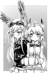 Rule 34 | 2girls, animal ears, blush, greyscale, hanna-justina marseille, head wings, long hair, masana hatuse, monochrome, multiple girls, raisa pottgen, smile, strike witches, very long hair, wings, witches of africa, world witches series