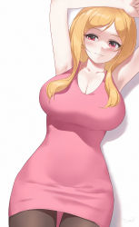 Rule 34 | 1girl, absurdres, armpits, arms up, black pantyhose, blonde hair, blush, breasts, cleavage, collarbone, dress, highres, idolmaster, idolmaster million live!, large breasts, light smile, momose rio, pantyhose, parted bangs, pink dress, red eyes, simple background, solo, tomid, white background