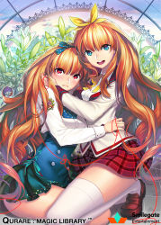 Rule 34 | 2girls, :d, bad id, bad pixiv id, blue bow, blue eyes, blue skirt, bow, brown footwear, company name, copyright name, frown, hair bow, hug, indoors, long hair, looking at viewer, multiple girls, official art, open mouth, plaid, plaid skirt, plant, qurare magic library, red eyes, red skirt, school uniform, skirt, smile, string, string of fate, thighhighs, very long hair, white legwear, xxinainaxx, yellow bow