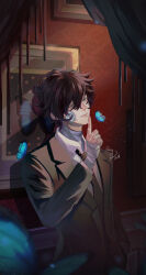 Rule 34 | 1boy, absurdres, bandaged hand, bandaged neck, bandages, brown jacket, brown necktie, brown sleeves, bungou stray dogs, chinese commentary, coattails, collared jacket, collared shirt, commentary request, curtains, dated, dazai osamu (bungou stray dogs), facial tattoo, finger to own chin, fingernails, flower, flower tattoo, hair between eyes, highres, indoors, jacket, layered sleeves, long hair, long sleeves, male focus, necktie, painting (object), purple hair, rose, sanshui guantang, shirt, signature, solo, tattoo, upper body, white flower, white rose, white shirt