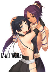 Rule 34 | 00s, 2girls, back, backless outfit, bare back, black hair, bleach, blush, breasts, dark skin, dark-skinned female, covered erect nipples, gloves, hip vent, hug, multiple girls, ponytail, purple hair, shihouin yoruichi, short hair with long locks, sideboob, small breasts, sui-feng, tony taka, twintails, yuri