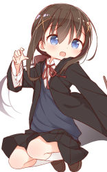 Rule 34 | 1girl, :d, ayanepuna, black robe, black skirt, blue eyes, blush, bow, brown bow, brown footwear, brown hair, collared shirt, commentary, english commentary, hair between eyes, hair bow, hair ornament, highres, hood, hood down, hooded robe, kyoka (ayanepuna), loafers, long hair, long sleeves, looking away, looking to the side, low ponytail, neck ribbon, open clothes, open mouth, open robe, original, pleated skirt, ponytail, red ribbon, ribbon, robe, shirt, shoes, simple background, skirt, smile, socks, solo, sweater vest, very long hair, white background, white shirt, white socks, x hair ornament