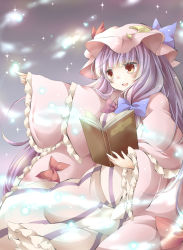 Rule 34 | 1girl, book, brown eyes, crescent, female focus, hair ribbon, hat, highres, long hair, open mouth, patchouli knowledge, purple hair, ribbon, solo, tamichan, touhou