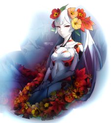 Rule 34 | 1girl, android, bad id, bad pixiv id, dated, flower, hymn, hymn lee, long hair, looking at viewer, original, own hands together, parted lips, red eyes, silver hair, sitting, solo, very long hair