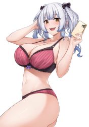 Rule 34 | 1girl, bare shoulders, bow, bra, breasts, brown eyes, cellphone, cleavage, commentary request, commission, hair bow, highres, holding, holding phone, iphone 11 pro, kannko bokujou, large breasts, navel, original, panties, phone, red bra, red panties, silver hair, skeb commission, smartphone, stomach, thighs, twintails, underwear, white background