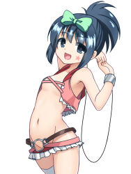 Rule 34 | 1girl, :d, arched back, arms behind head, bare shoulders, belt, belt skirt, black eyes, black hair, bow, breasts, frilled skirt, frills, green bow, hair bow, kunihiro hajime, looking at viewer, microskirt, navel, no panties, open mouth, pink vest, ponytail, revealing clothes, saki (manga), short hair, single thighhigh, skirt, small breasts, smile, solo, star (symbol), stomach, thighhighs, vest, white thighhighs, zetsuei (zetto)