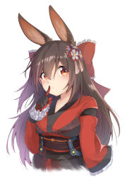 Rule 34 | 1girl, animal ears, black gloves, bow, breasts, brown eyes, brown hair, closed mouth, commentary request, cropped torso, enatsu, eyes visible through hair, frilled bow, frills, gloves, hair between eyes, hair bow, hair ornament, hand up, highres, hololive, index finger raised, japanese clothes, kimono, long sleeves, mechanical arms, obi, purple hair, rabbit ears, red bow, red kimono, roboco-san, roboco-san (new year), sash, simple background, sleeves past wrists, small breasts, upper body, virtual youtuber, white background