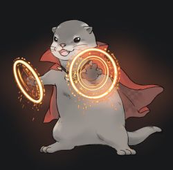 Rule 34 | animal, animal focus, black background, black eyes, cape, doctor strange, doctor strange (series), full body, jewelry, magic, magic circle, marvel, mystical high collar, necklace, no humans, open mouth, otaku pig, otter, red cape, simple background, solo