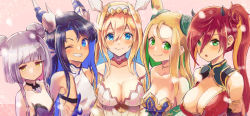 Rule 34 | 5girls, ahoge, bare shoulders, blonde hair, blue eyes, blue hair, blush, breasts, choker, cleavage, double bun, fins, flat chest, green eyes, grin, hair bun, hair intakes, hair ornament, hairband, haku (p&amp;d), head fins, highres, horns, jewelry, jitome, karin (p&amp;d), large breasts, leilan (p&amp;d), light purple hair, looking at viewer, medium breasts, meimei (p&amp;d), multicolored hair, multiple girls, necklace, one eye closed, open mouth, puzzle &amp; dragons, red hair, ribs, sakuya (p&amp;d), short hair, side ponytail, smile, smirk, streaked hair, upper body, yellow eyes, yohane