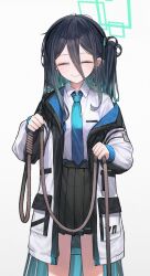 Rule 34 | 1girl, absurdly long hair, absurdres, aris (blue archive), black jacket, black skirt, blue archive, blue hair, blue necktie, closed eyes, closed mouth, collared shirt, dark blue hair, facing viewer, hair between eyes, halo, highres, holding, holding rope, illuminae, jacket, long braid, long hair, long sleeves, multicolored clothes, multicolored jacket, necktie, noose, one side up, open clothes, open jacket, pleated skirt, rope, shirt, shirt tucked in, simple background, skirt, smile, solo, very long hair, white background, white jacket, white shirt