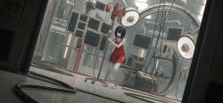 Rule 34 | 1girl, absurdres, aer7o, bare arms, bare shoulders, barefoot, black collar, black hair, blood, blood bag, cable, collar, collarbone, commentary request, dress, english text, eyepatch, highres, indoors, medical eyepatch, monitor, original, parted lips, radioactive, red dress, red eyes, short hair, sign, sleeveless, sleeveless dress, solo, standing