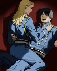 Rule 34 | 1boy, 1girl, aina-san, amestris military uniform, black eyes, black hair, blonde hair, blue jacket, brown eyes, earrings, fullmetal alchemist, hand on another&#039;s shoulder, hand on another&#039;s waist, highres, jacket, jewelry, long hair, looking at another, military, military uniform, pants, riza hawkeye, roy mustang, short hair, sitting, sitting on lap, sitting on person, smile, straddling, stud earrings, uniform