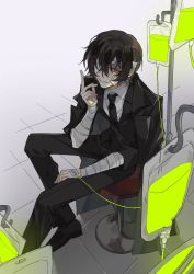 Rule 34 | 1boy, bandaged arm, bandaged hand, bandaged head, bandages, bandaid, bandaid on face, brown eyes, brown hair, bungou stray dogs, chair, collared shirt, dazai osamu (bungou stray dogs), formal, from above, full body, hair between eyes, intravenous drip, looking at viewer, male focus, necktie, shirt, short hair, sitting, smile, solo, suit, tile floor, tiles, tuxedo, waistcoat, white shirt, ziyi zhengjun
